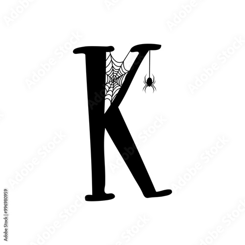 Logo con letra inicial K con tela de araña y araña colgando para tarjetas y felicitaciones de Halloween