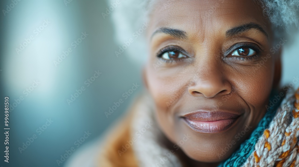 A close-up view of a middle-aged woman in a comfortable knitted cardigan. Her calm demeanor and warm expression reflect a serene autumn day and inner peace. A close-up view of a middle-aged woman in a comfortable knitted cardigan. Her calm demeanor and warm expression reflect a serene autumn day and inner peace.