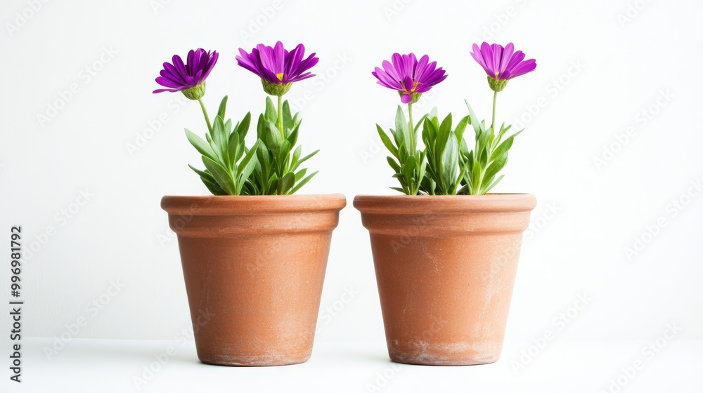 Fototapeta premium Two flower pots, each holding a purple plant, are shown against a white background.