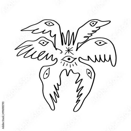 Bible accurate angel vector illustration clipart. Hand-drawn Seraphim print for tattoo, sticker and more.