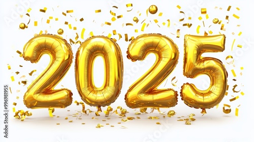 The text Happy New Year 2025 is formed by golden balloons on a cutout background, which is perfect for decoration and celebrations for the New Year.