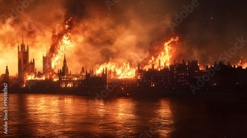 A dramatic, fiery scene of a city engulfed in flames at night, reflecting a bright orange glow over the dark water, capturing a catastrophic blaze with intense impact.