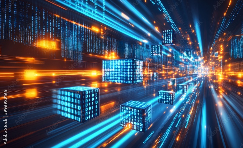 Fototapeta premium Blockchain information flows in the digital global networks. The data cells have binary code elements in 3D.