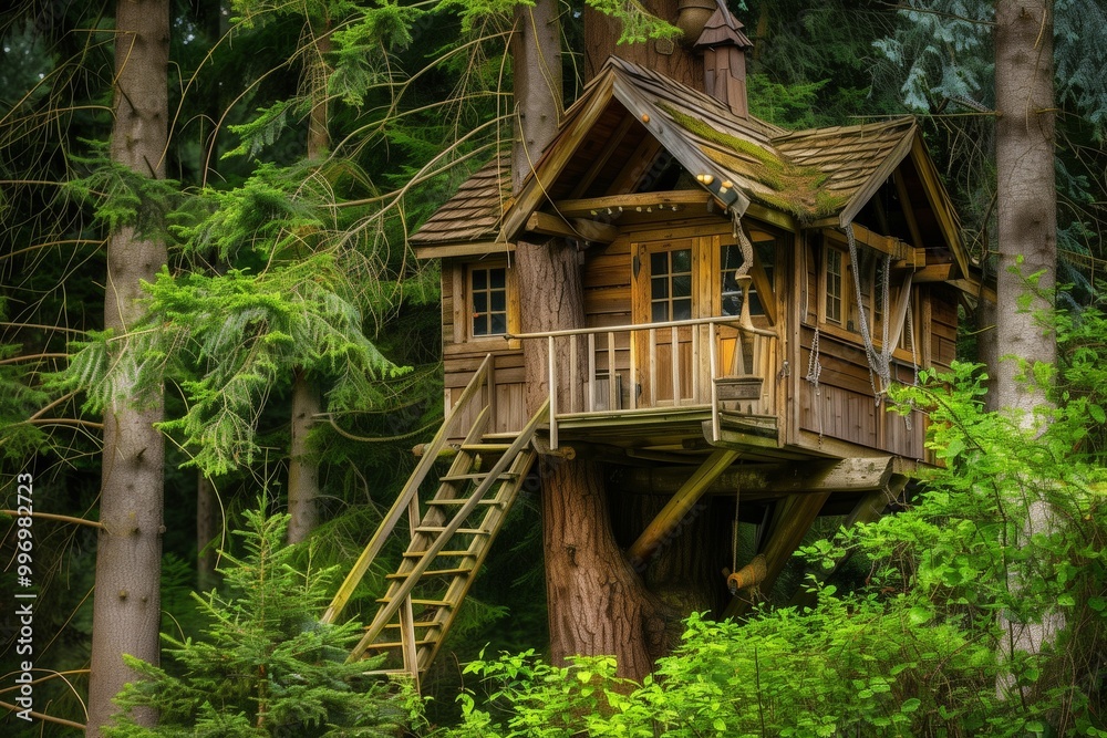 A whimsical treehouse nestled among tall trees, with a wooden ladder leading up to a charming, rustic cabin. The house is surrounded by greenery and the sounds of nature. A whimsical treehouse nestled among tall trees, with a wooden ladder leading up to a charming, rustic cabin. The house is surrounded by greenery and the sounds of nature.