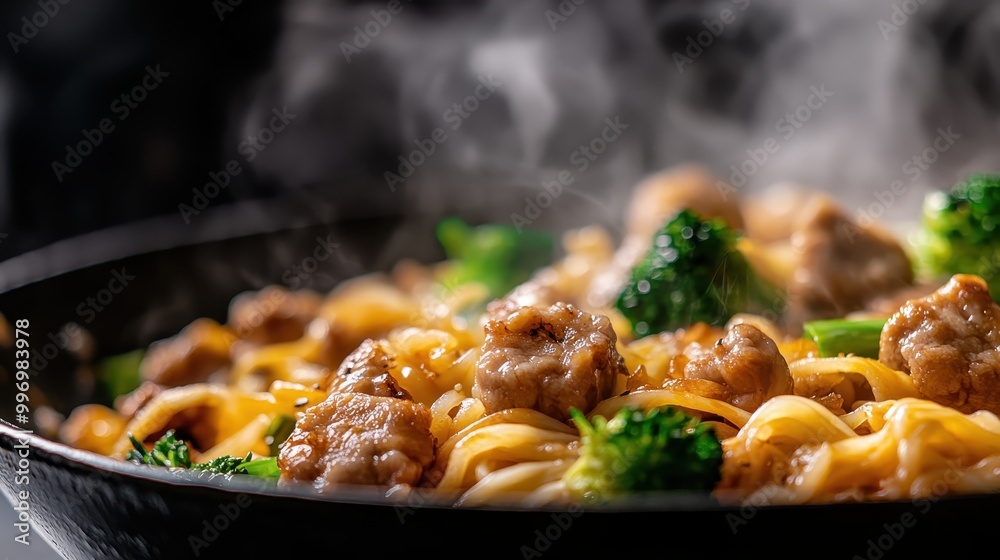 A serving bowl filled with steaming noodles, broccoli, and meat showcases a flavorful and nutritious meal, with vibrant greens and hearty protein, fit for a satisfying feast. A serving bowl filled with steaming noodles, broccoli, and meat showcases a flavorful and nutritious meal, with vibrant greens and hearty protein, fit for a satisfying feast.