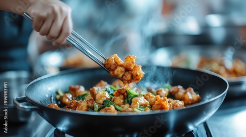 A cook uses tongs to stir-fry a mix of vegetables and chicken in a wok, with steam rising, capturing the dynamic process and the rich, mouth-watering aromas of the dish.