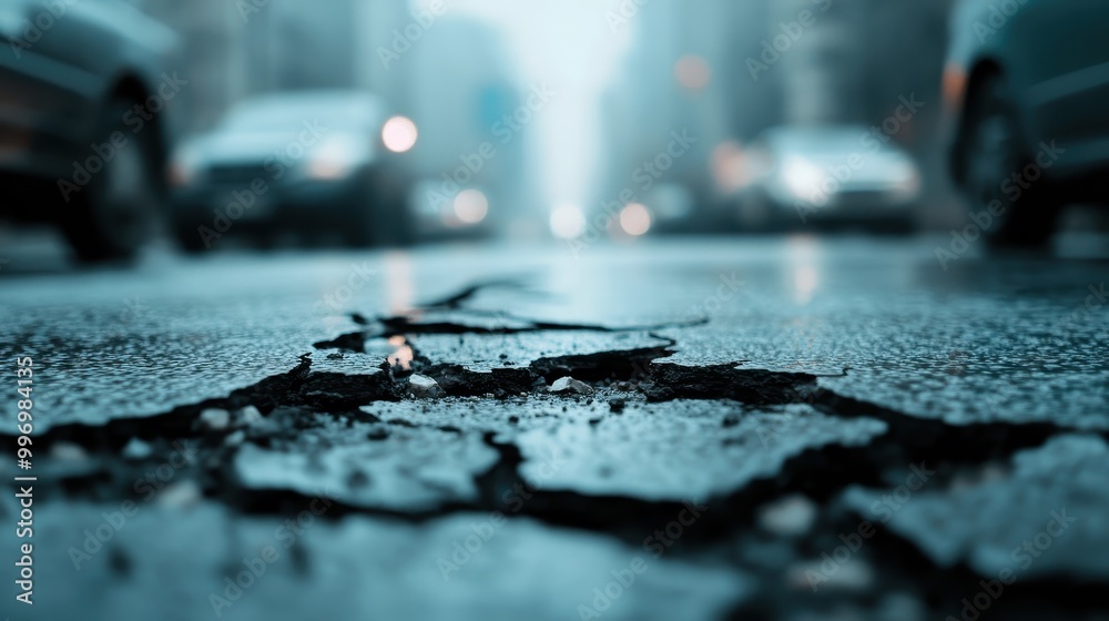 Urban road with prominent cracks in the pavement, highlighted against a rainy backdrop with blurred lights from passing cars, emphasizing urban wear and weather impact. Urban road with prominent cracks in the pavement, highlighted against a rainy backdrop with blurred lights from passing cars, emphasizing urban wear and weather impact.