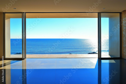 Sleek Polished Aluminum Door Framing a Panoramic Ocean View, Deep Blue Waters Stretching to the Horizon