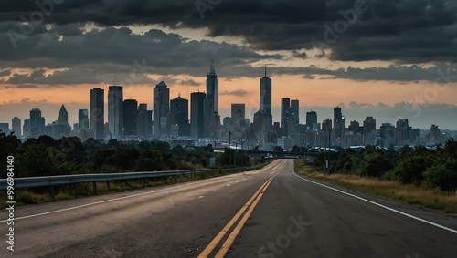 Panoramic view of an empty road leading to a city skyline.