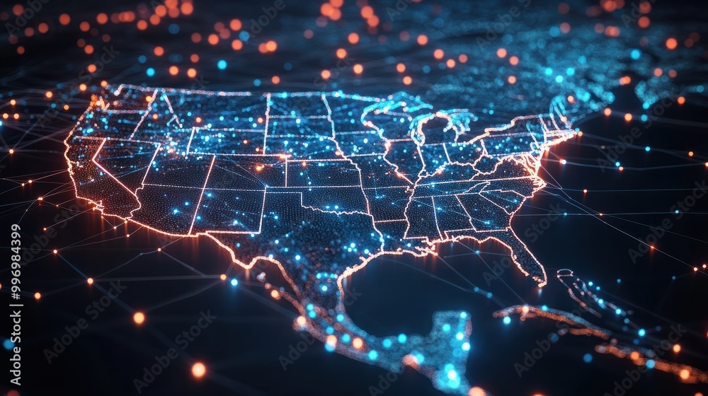 Fototapeta premium global network of data transmission across usa map digital connectivity concept with glowing lines and dots 3d illustration