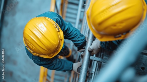 Top-view shot of two construction workers in hard hats and safety gear climbing a ladder, representing teamwork, safety, and the effort involved in building infrastructure.