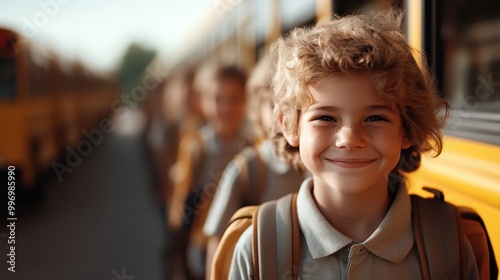 A young child with curly hair stands joyfully in line near a yellow school bus, wearing a charming smile, amidst a background of fellow schoolmates and the morning light.