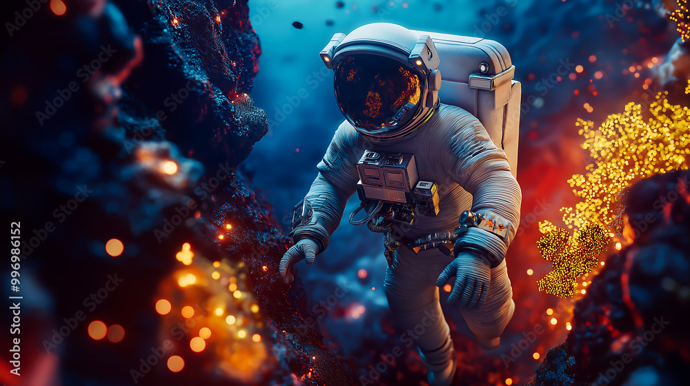 Astronaut in spacesuit, subaquatic exploring an underwater environment surrounding with glowing coral reefs Astronaut in spacesuit, subaquatic exploring an underwater environment surrounding with glowing coral reefs