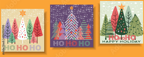 HO HO HO greeting card, posters, template, Layout set, Happy Holiday Merry Christmas and Happy New Year typography invite Christmas tree greeting simple drawing flat design