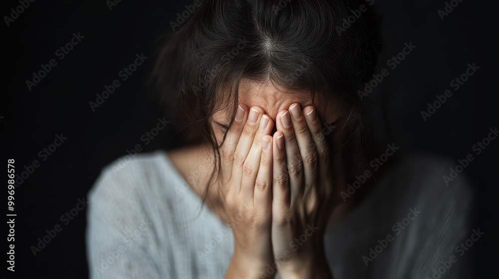 A person is shown with their hands covering their face, likely expressing a moment of emotional distress or despair, captured in a somber and intimate moment. A person is shown with their hands covering their face, likely expressing a moment of emotional distress or despair, captured in a somber and intimate moment.