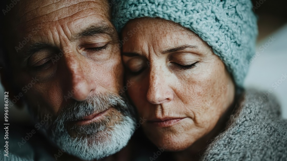 An elderly couple cuddles closely, capturing a deep emotional connection and comfort with their eyes closed, emphasizing the serenity in their relationship and aging. An elderly couple cuddles closely, capturing a deep emotional connection and comfort with their eyes closed, emphasizing the serenity in their relationship and aging.