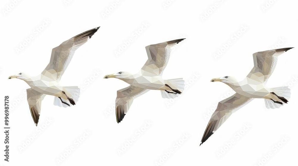 Obraz premium Seagulls flying in a low poly style against a white background, conveying a sense of freedom and nature Ideal for concepts related to wildlife, environment, and travel