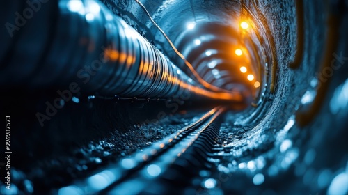 The image depicts a dark tunnel illuminated by lights, with reflective surfaces creating an almost surreal ambiance, symbolizing journey, exploration, and discovery. photo