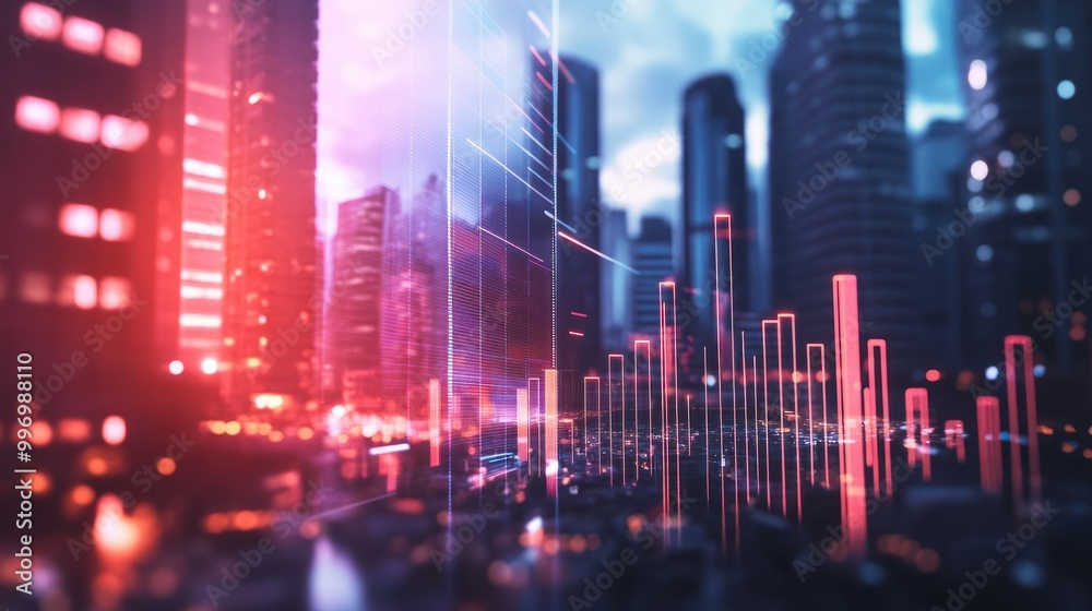 Modern urban setting. Illustrate themes of profit and development. Symbolizing economic growth and progress. a 3d bar chart inclining upward. Digital transformation, business. Modern smart city. 4K.