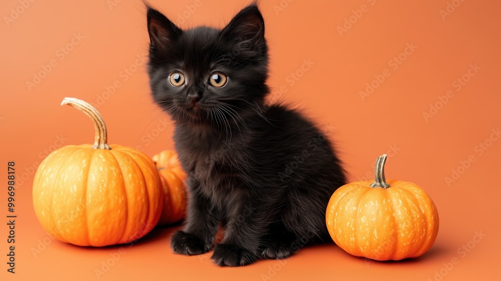 Long-haired black kitten with orange pumpkin on an orange background Long-haired black kitten with orange pumpkin on an orange background