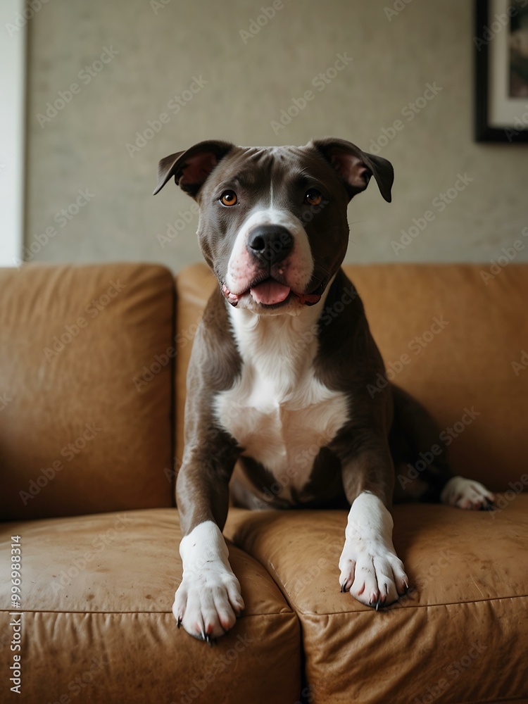 Pitbull mutt sitting on a couch. Pitbull mutt sitting on a couch.