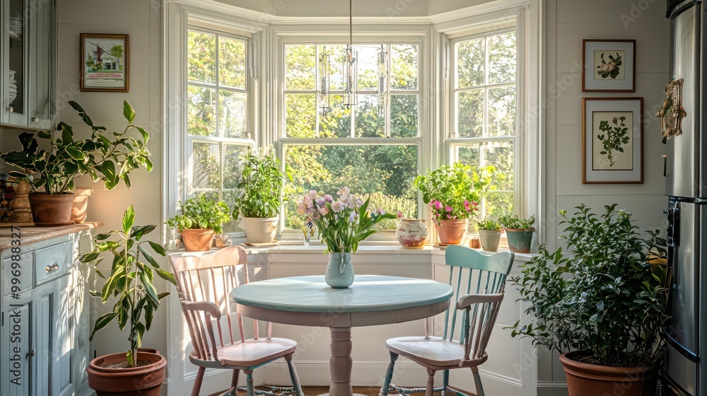 A charming farmhouse breakfast nook with a bay window, a round table, and chairs painted in pastel colors, surrounded by potted plants A charming farmhouse breakfast nook with a bay window, a round table, and chairs painted in pastel colors, surrounded by potted plants