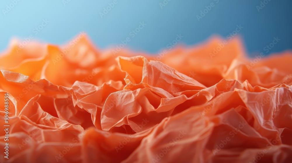 An intriguing abstract shot of crumpled orange paper, creating a unique landscape effect against a soft blue background, suggesting a vibrant and creative scene. An intriguing abstract shot of crumpled orange paper, creating a unique landscape effect against a soft blue background, suggesting a vibrant and creative scene.