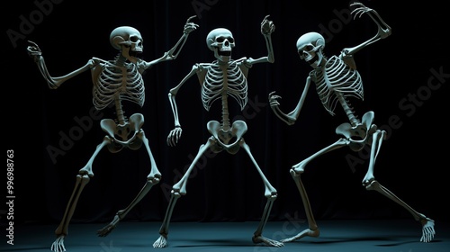 Three skeletons dancing in a dark studio