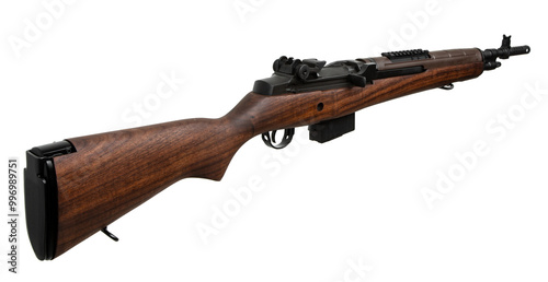 Classic semi-automatic rifle with a wooden stock and black metal parts isolated on a white background. Detailed side view of a vintage-style firearm.