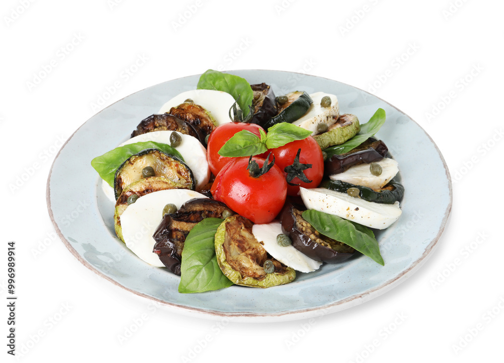 Tasty salad with grilled vegetables and mozzarella cheese isolated on white Tasty salad with grilled vegetables and mozzarella cheese isolated on white