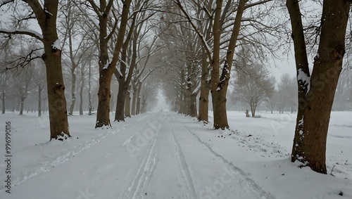 Poplar tree-lined path amidst snowfall.