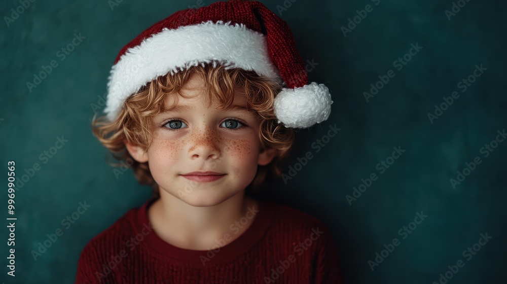 Adorable child in a Santa hat with freckles looks serenely at the camera, displaying gentle innocence and delight against a textured green background. Adorable child in a Santa hat with freckles looks serenely at the camera, displaying gentle innocence and delight against a textured green background.