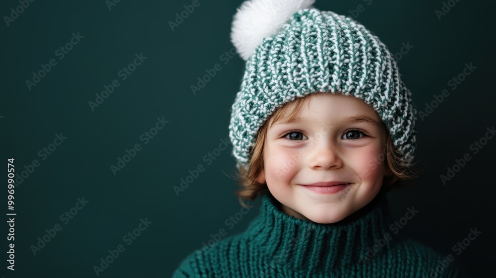A smiling child in a knitted green sweater and pom-pom winter hat, radiating warmth and cheer against a deep green backdrop, capturing happy holiday moments. A smiling child in a knitted green sweater and pom-pom winter hat, radiating warmth and cheer against a deep green backdrop, capturing happy holiday moments.