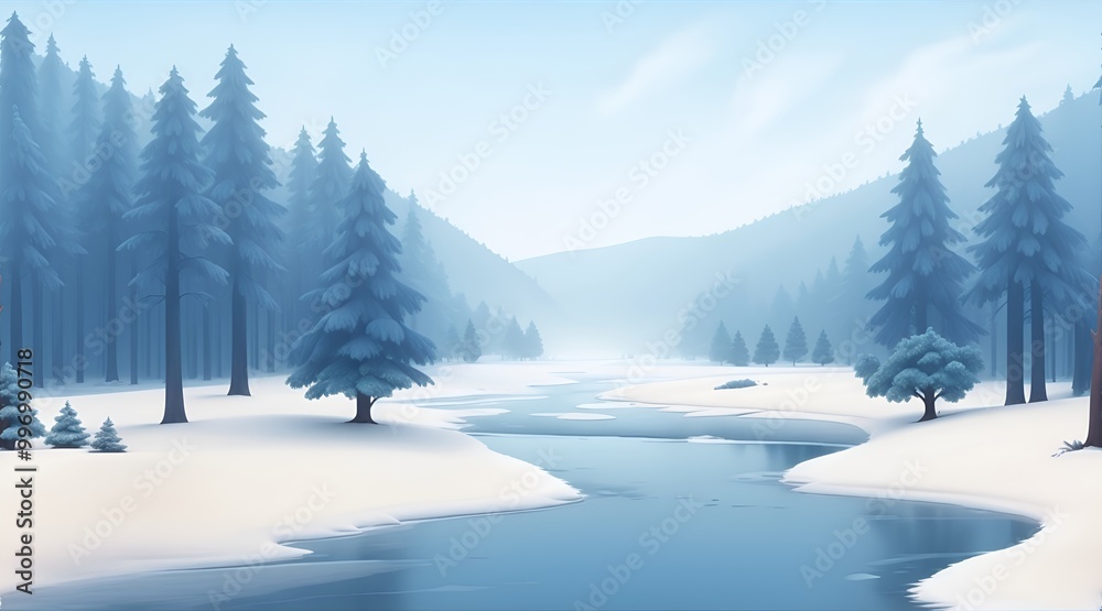 Obraz premium Winter landscape with snow-covered fir trees on the river bank and forest in the distance in 3D graphics style