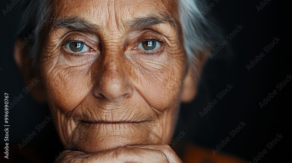 An elderly woman with deep-set eyes and delicate wrinkles expresses wisdom and life experience, offering an intimate look into her soul against a dark background. An elderly woman with deep-set eyes and delicate wrinkles expresses wisdom and life experience, offering an intimate look into her soul against a dark background.
