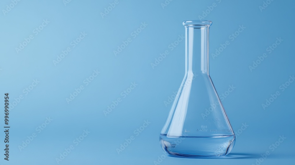 A clear laboratory flask on a blue background, used for scientific experiments. A clear laboratory flask on a blue background, used for scientific experiments.