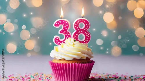 Birthday cupcake with burning lit candle with number 38. Number thirtyeight for thirtyeight years or thirtyeighth anniversary. photo