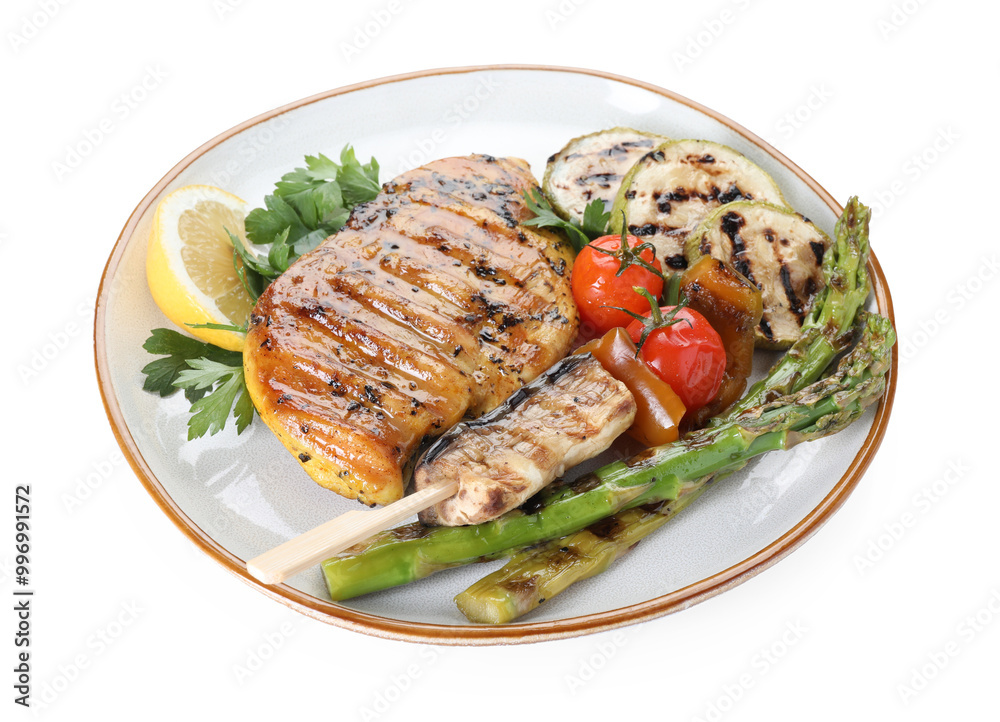 Delicious grilled vegetables and chicken breast isolated on white Delicious grilled vegetables and chicken breast isolated on white