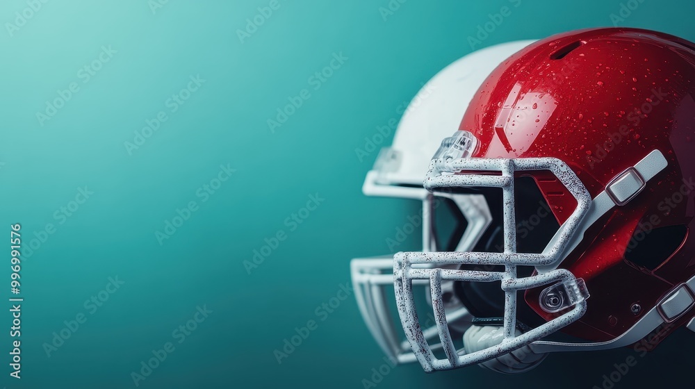 Red and white football helmets facing each other on a blue background, symbolizing competition, sportsmanship, and the excitement of an upcoming football game. Red and white football helmets facing each other on a blue background, symbolizing competition, sportsmanship, and the excitement of an upcoming football game.