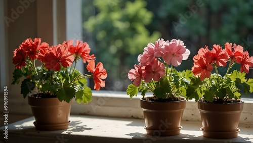 Pots of blooming geraniums on a sunny windowsill.