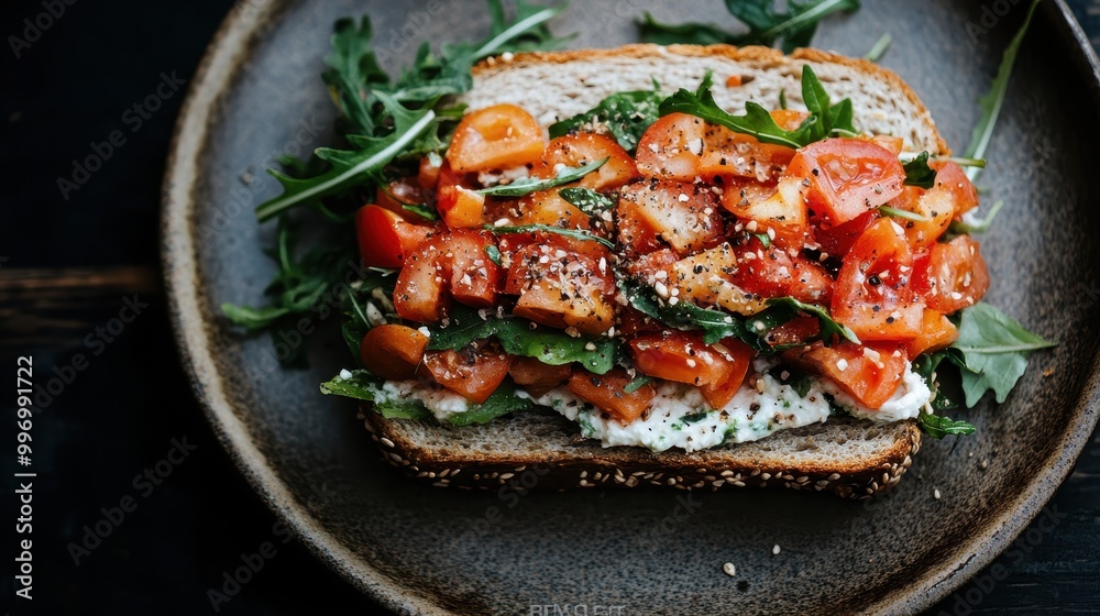 A fresh and vibrant open-faced sandwich featuring sliced tomatoes and arugula on a slice of whole grain bread, presented beautifully on a textured plate. A fresh and vibrant open-faced sandwich featuring sliced tomatoes and arugula on a slice of whole grain bread, presented beautifully on a textured plate.