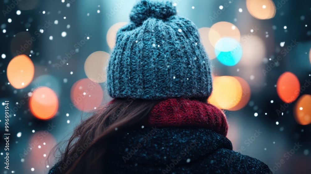 A person seen from behind in a knit hat and red scarf walking through a snowy city night, with brightly colored bokeh lights adding warmth to the frosty atmosphere. A person seen from behind in a knit hat and red scarf walking through a snowy city night, with brightly colored bokeh lights adding warmth to the frosty atmosphere.