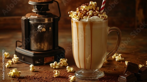 A tall glass of milkshake topped with whipped cream, caramel sauce, and popcorn.