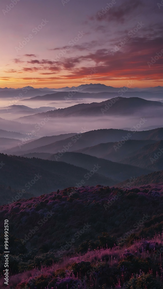 Purple mountains with a bright circle in the sky. Purple mountains with a bright circle in the sky.