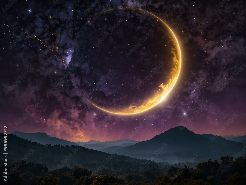 Purple starry sky with a golden eclipse, evoking magical adventures. Purple starry sky with a golden eclipse, evoking magical adventures.