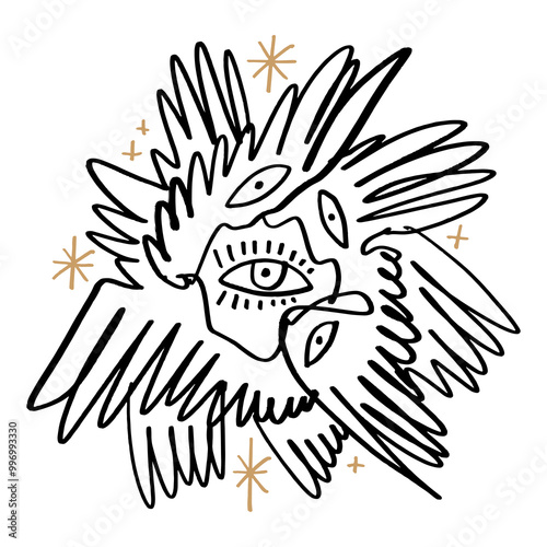 Bible accurate angel vector illustration clipart. Hand-drawn Seraphim print for tattoo, sticker and more.