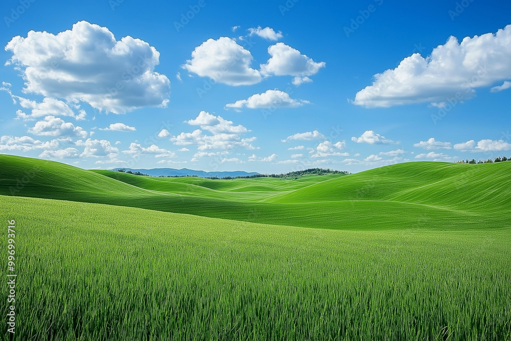 Endless Rolling Fields of Lush Green Grass Under an Expansive Blue Sky, Inviting a Sense of Freedom and Serenity Endless Rolling Fields of Lush Green Grass Under an Expansive Blue Sky, Inviting a Sense of Freedom and Serenity
