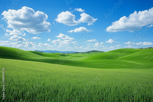 Endless Rolling Fields of Lush Green Grass Under an Expansive Blue Sky, Inviting a Sense of Freedom and Serenity