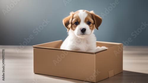 A small puppy sits inside an open cardboard box on a wooden floor looking directly at the camera with a curious expression.