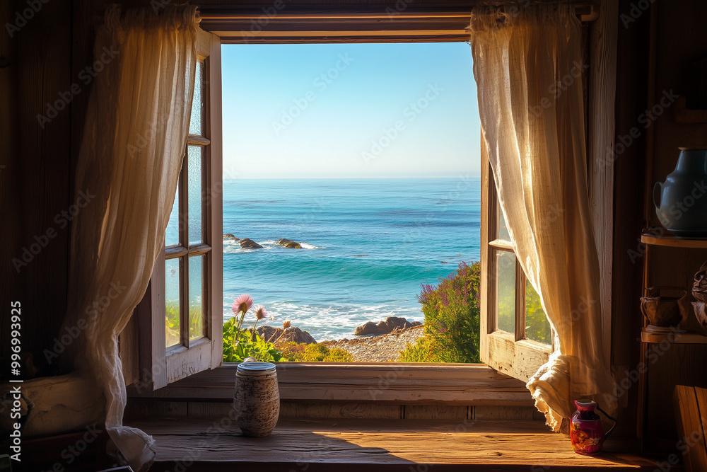 Fototapeta premium Charming Rustic Seaside Cottage with a Window Framing a Picturesque View of the Ocean and Rugged Coastline
